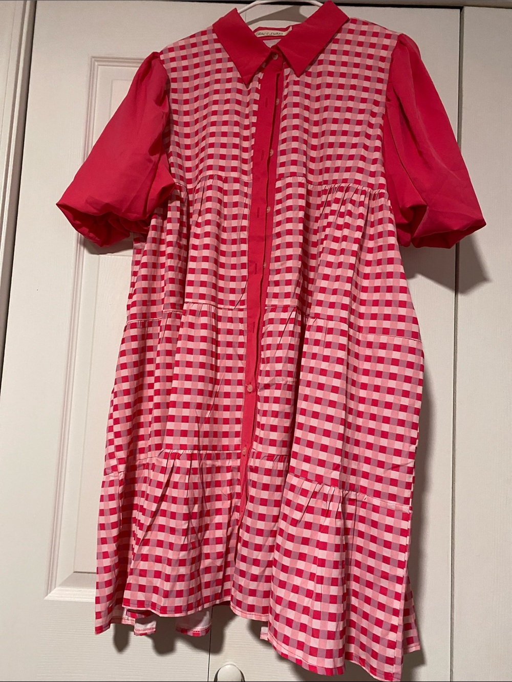 Pink Gingham Button-Front Short Sleeve Dress